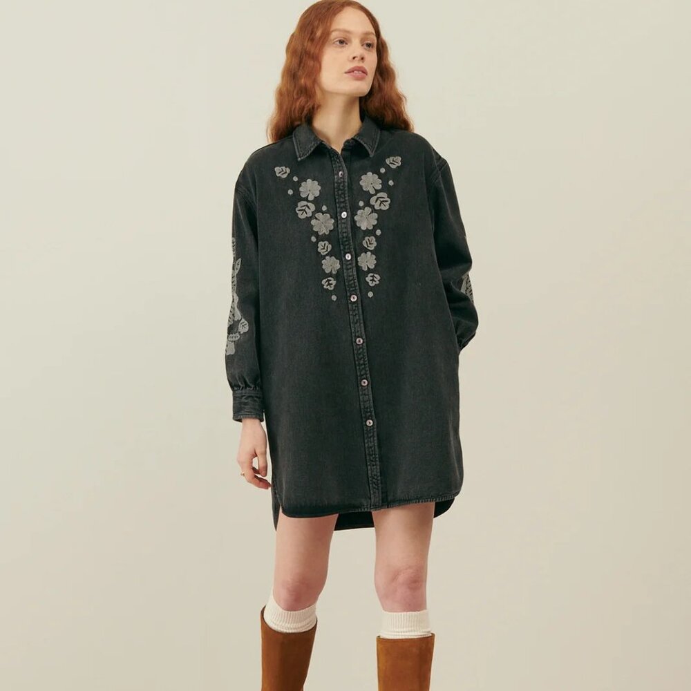 Louise Misha Rina Dress Organic Cotton Charcoal Boho Denim Style Women 40/ Med